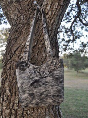 🖤🤍 Handmade "Cookies & Cream" Cowhide Mini Purse | Floral Accent | Genuine Lea
